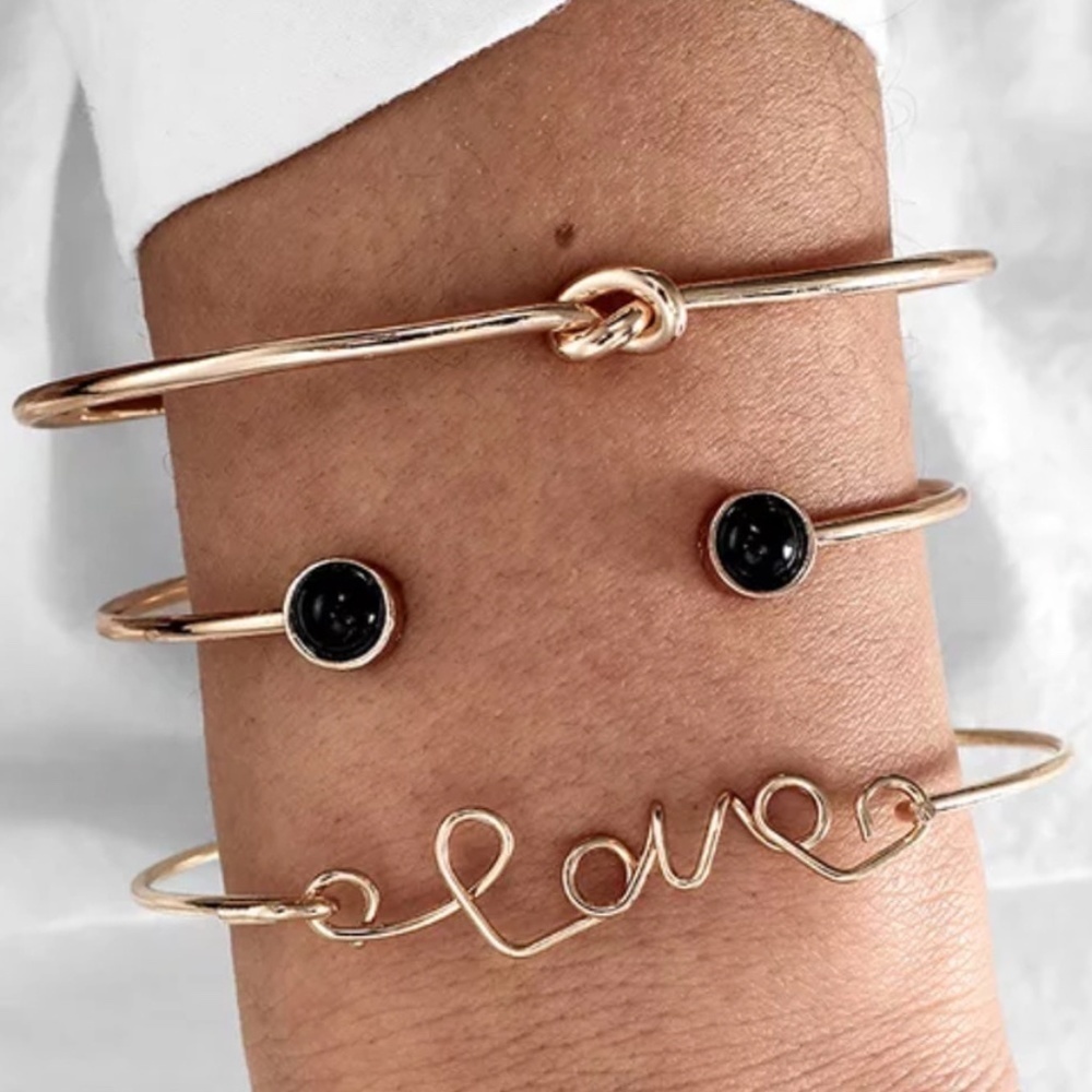 *PARTHENIA* 3-Pc Gold Love x Black Gem Bracelet Set